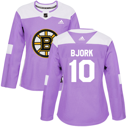 Adidas Bruins #10 Anders Bjork Purple Authentic Fights Cancer Women's Stitched NHL Jersey - Click Image to Close